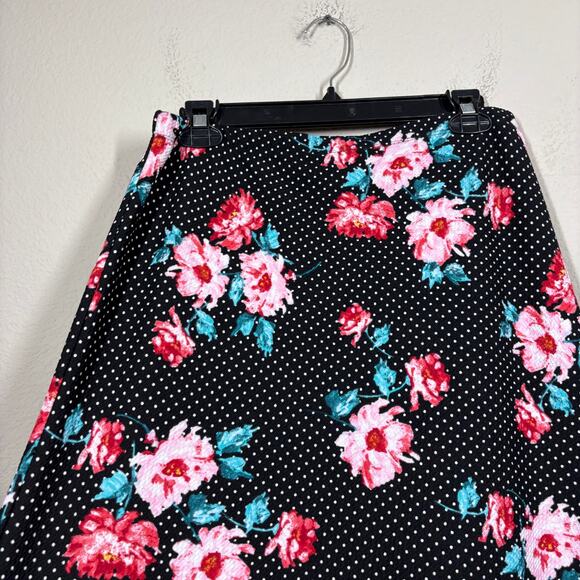 Bobeau Large Asymmetric Ruffled Midi A Line Skirt Black Dot Floral High Waisted - Picture 4 of 9